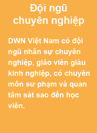 Đội ngũ chuyên nghiệp. DWN Việt Nam có đội ngũ nhân sự chuyên nghiệp, giáo viên giàu kinh nghiệp, có chuyên môn sư phạm và quan tâm sát sao đến học viên.