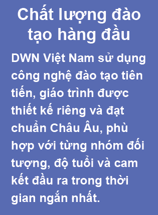 Chất lượng đào tạo hàng đầu. DWN Việt Nam sử dụng công nghệ đào tạo tiên tiến, giáo trình được thiết kế riêng và đạt chuẩn Châu Âu, phù hợp với từng nhóm đối tượng, độ tuổi và cam kết đầu ra trong thời  gian ngắn nhất.