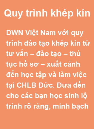 Quy trình khép kín. DWN Việt Nam với quy trình đào tạo khép kín từ tư vấn – đào tạo – thủ tục hồ sơ – xuất cảnh đến học tập và làm việc tại CHLB Đức. Đưa đến cho các bạn học sinh lộ trình rõ ràng, minh bạch với chi phí thấp nhất.